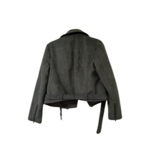Forever 21 Olive Green Faux Suede Moto Jacket With Zipper Pockets & Belt Size L - Picture 4 of 12